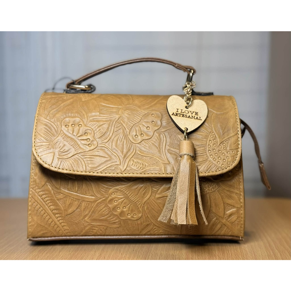 Camel Beige Sunflower Embossed Tooled Artisan LEATHER Crossbody bag Purse - Picture 15 of 16